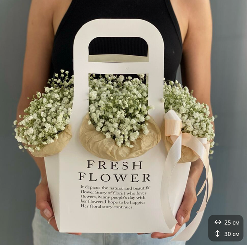 Изображение товара Сумочка с гипсофилой/цветочная композиция в сумке/белая гипсофилав коробке