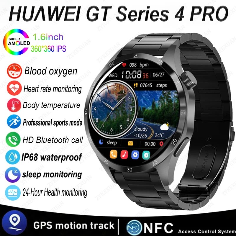 BOXUXING Smart Watch GT Series 4 Pro для мужчин, black mesh belt, GPS NFC Smart Watch — фото 1