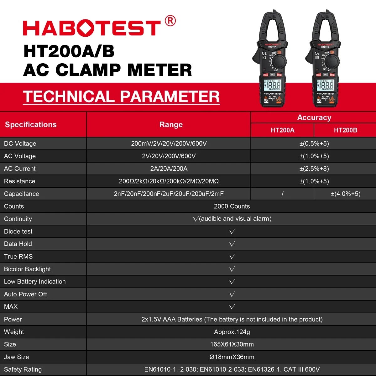 Токовые Клещи HABOTEST HT200 цифровые клещи 600В, HT200B
