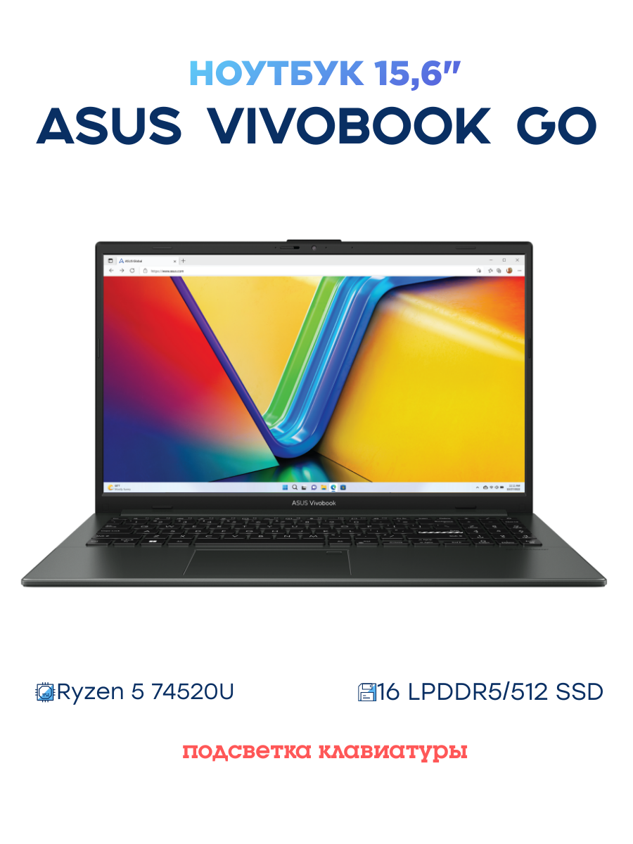 Ноутбук ASUS 90NB0ZR2-M00YJ0 Ryzen 5 7520U/16GB/512GB SSD/Radeon 610M/15.6" FHD IPS/WiFi/BT/cam/noOS/black - фото №1