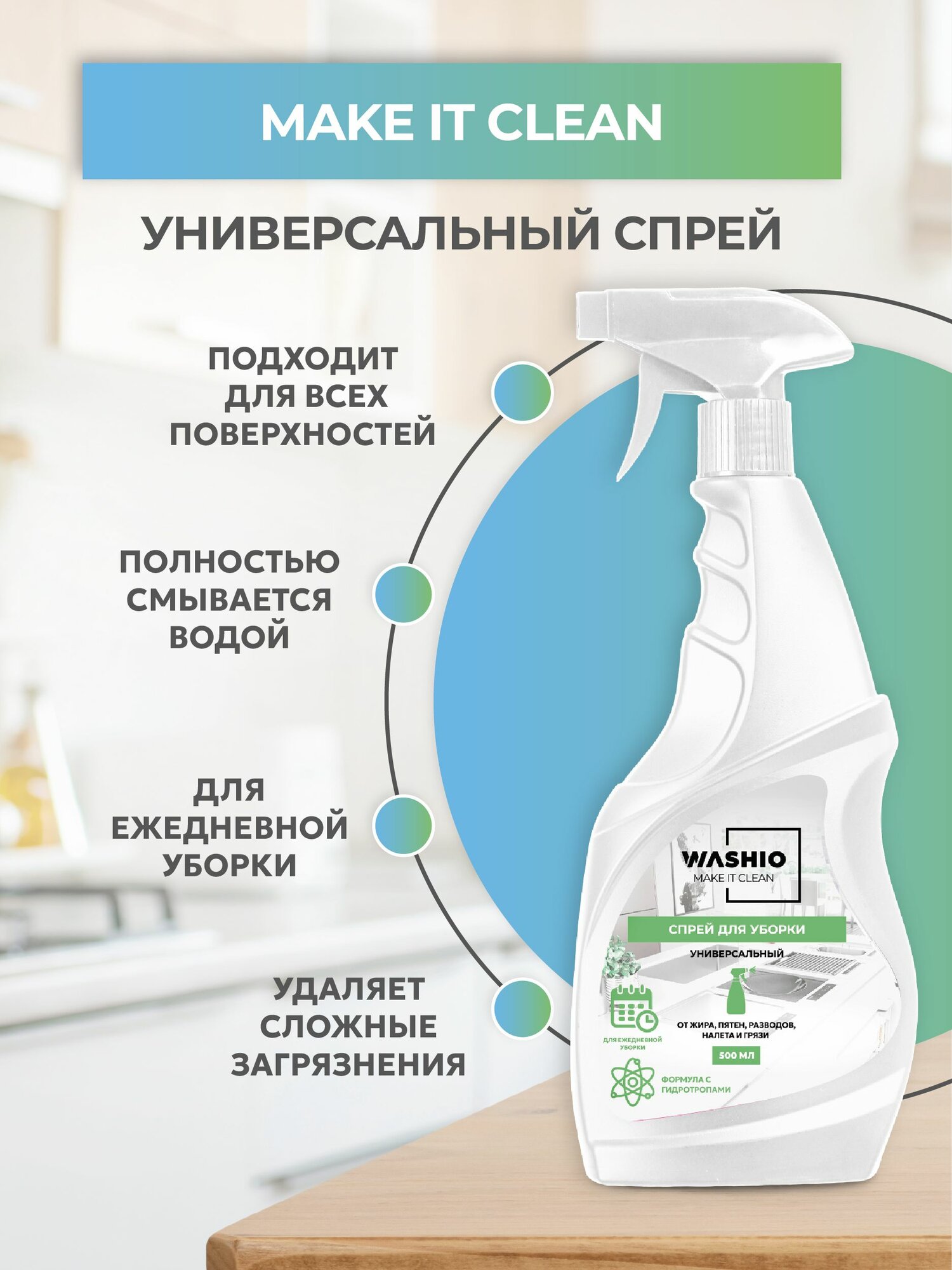 Набор чистящих средств WASHIO "Чистая кухня", спрей 2 шт, салфетки — фото 1