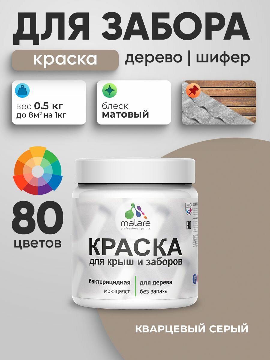 Акриловая краска Malare для деревянного забора/ по дереву для наружных и внутренних работ/ быстросохнущая моющаяся без запаха, матовая, кварцевый серый, 0.5 кг.