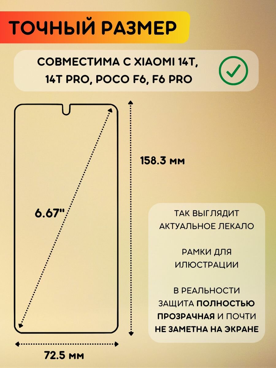 Гидрогелевая полиуретановая плёнка на Xiaomi 14T, 14T Pro, Poco F6, F6 Pro, противоударная защитная бронеплёнка — фото 1