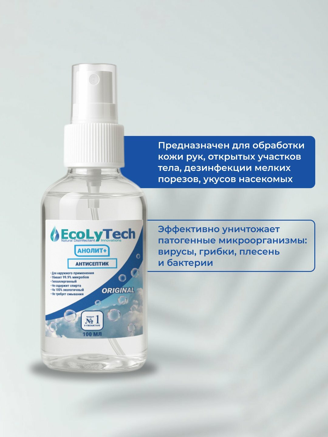 Антисептик для рук Ecolytech Анолит+, спрей, легкий запах озона, 100 мл — фото 1