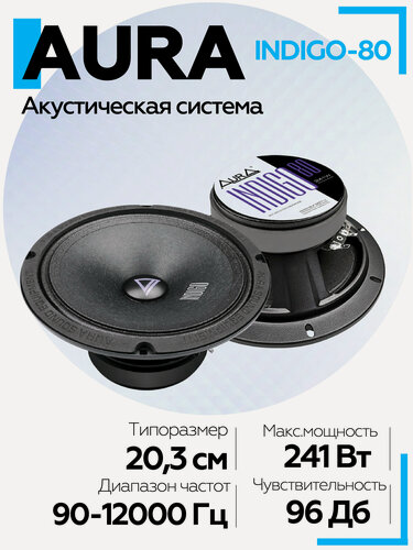 Изображение товара Акустическая система Aura INDIGO-80 8" (20 см) / 121Вт, Среднечастотник Мидрейндж СЧ-драйвер " (20 см)