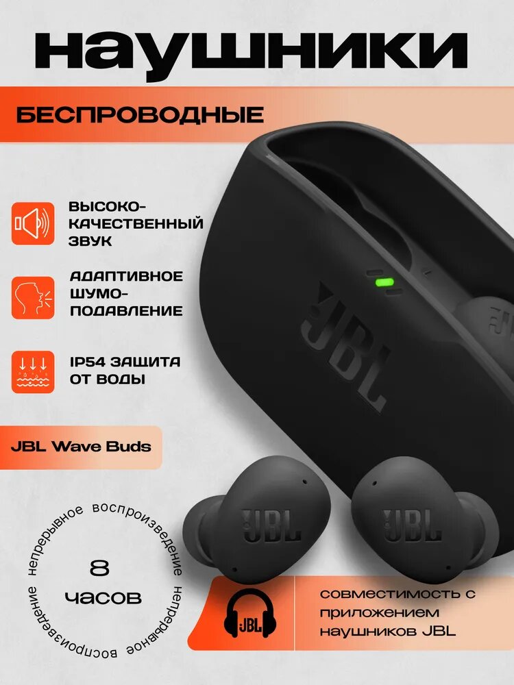 Беспроводные TWS наушники JBL Wave Buds: Bluetooth 5.2, IP54, кейс, 32 ч работы — фото 1