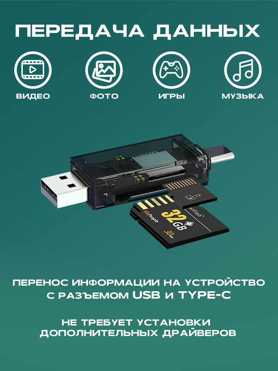 Внешний картридер Type-C-USB, переходник адаптер для карты памяти microsd в sd, card reader, устройство чтения, черный — фото 1