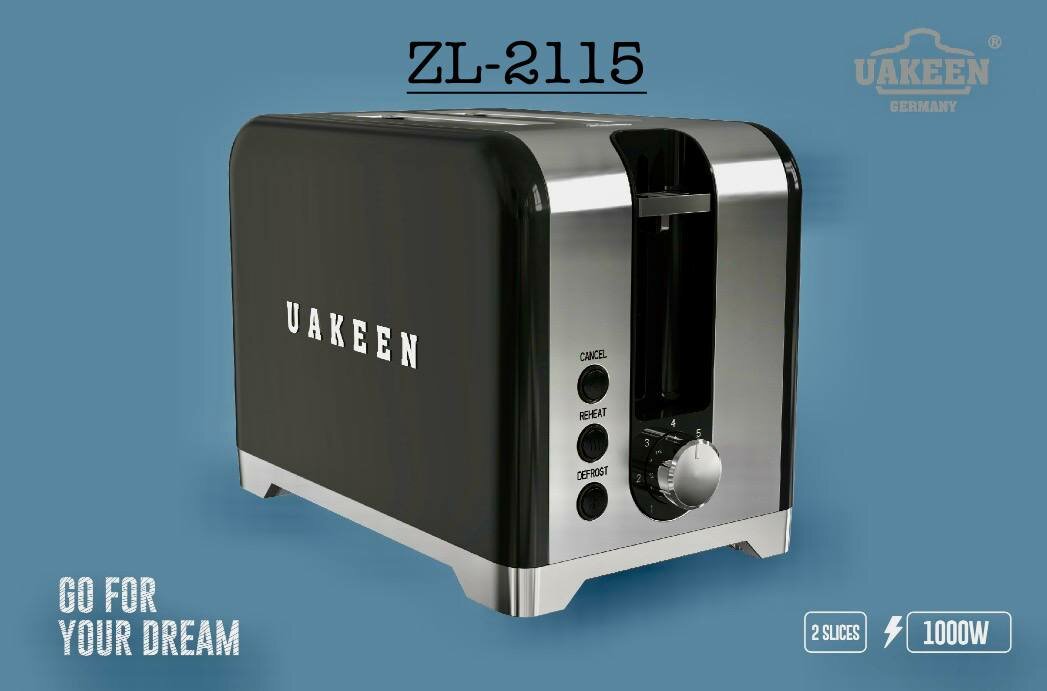 Тостер UAKEEN ZL-2115, нержавеющая сталь, мощность 1000 Вт, на 2 тоста