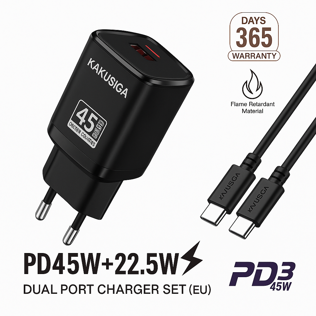 Комплект быстрой зарядки KAKUSIGA PD45W + 22,5 Вт | Два порта | black