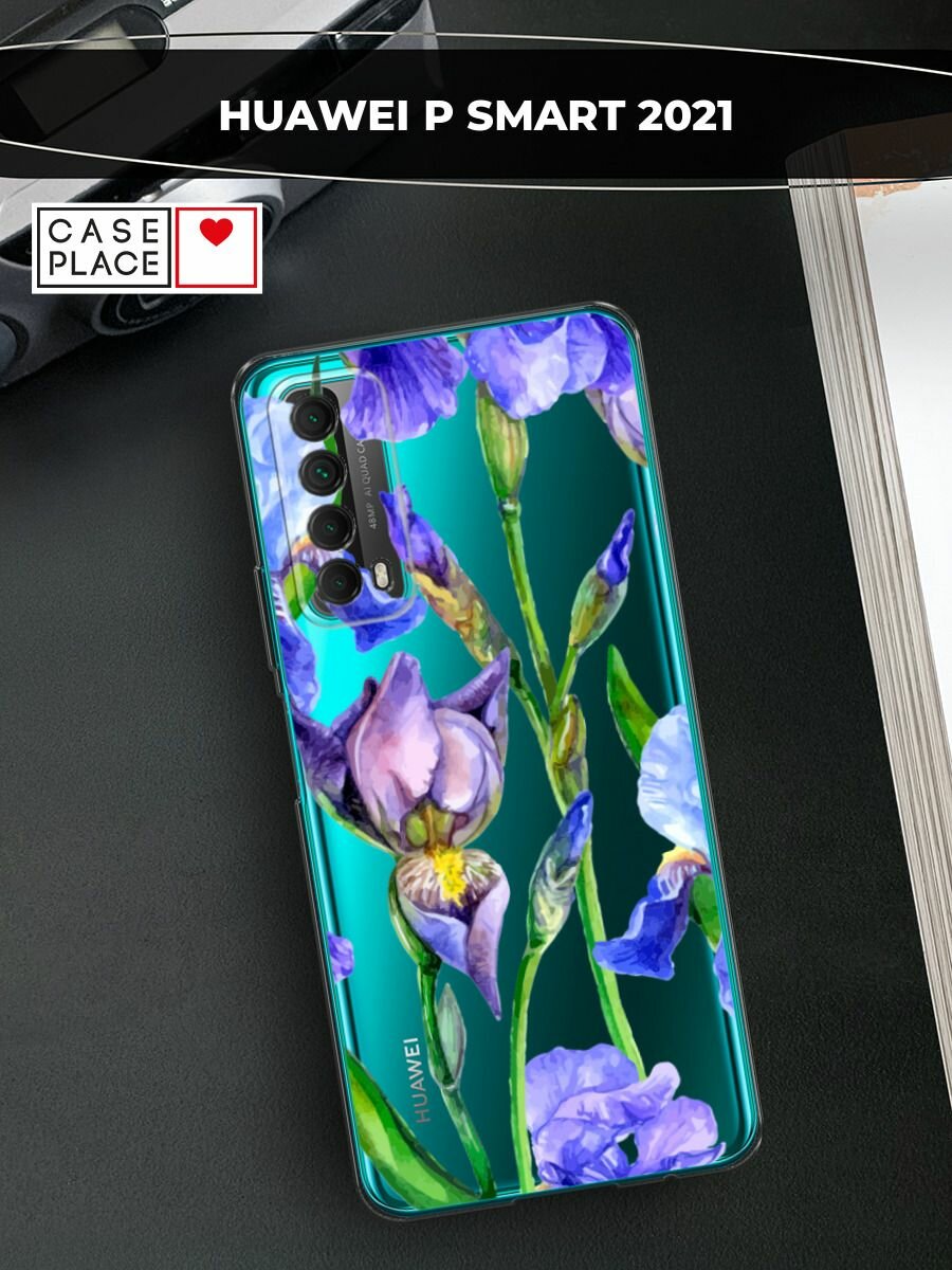 Чехол на Huawei P Smart 2021 / Хуавей П Смарт 2021 с принтом "Синие ирисы", прозрачный