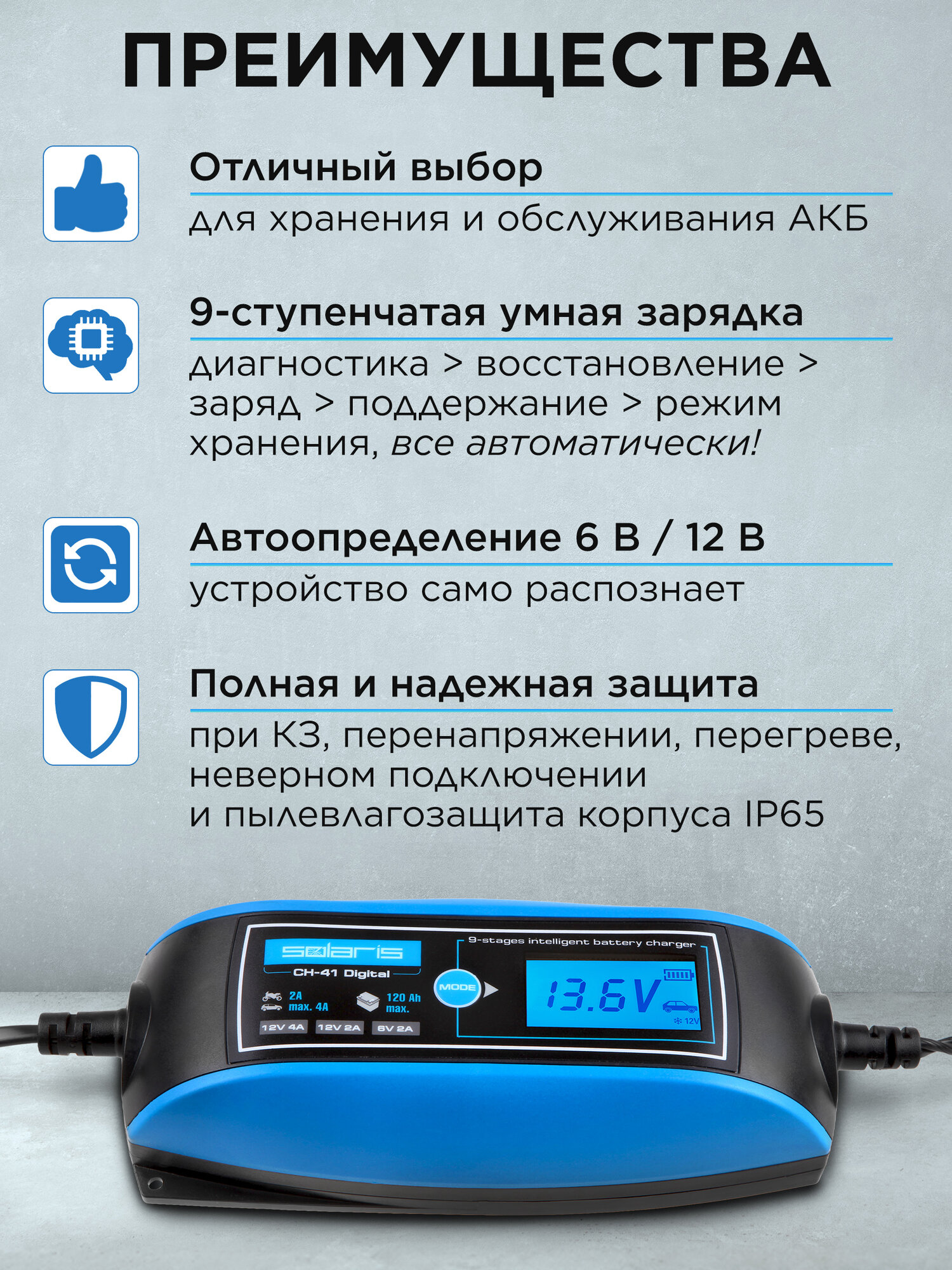 Зарядное устройство Solaris CH-41 CH41D171, 2-4 А, 6-12 В, LCD-дисплей, 9 ступеней зарядки — фото 1