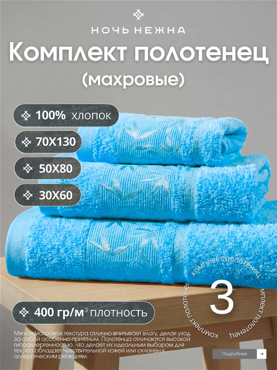 Полотенце банное набор Ночь Нежна "Decorative" 30х60, 50х80 и 70х130см цвет ярко-голубой; полотенце махровое