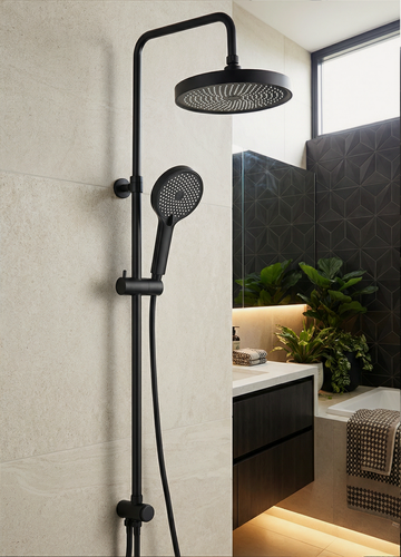 Изображение товара Душевая система с телескопической штангой и полкой VST1000-7Black, черная