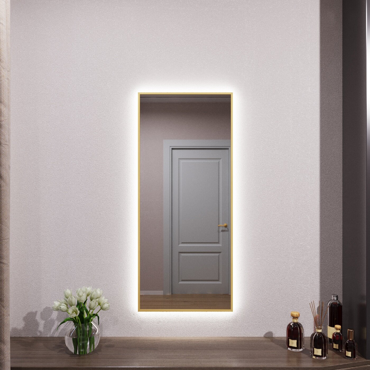 Зеркало с подсветкой в алюминиевой раме настенное Market-house 100х50 см. Свет: Нейтральный белый 6000К. Золото