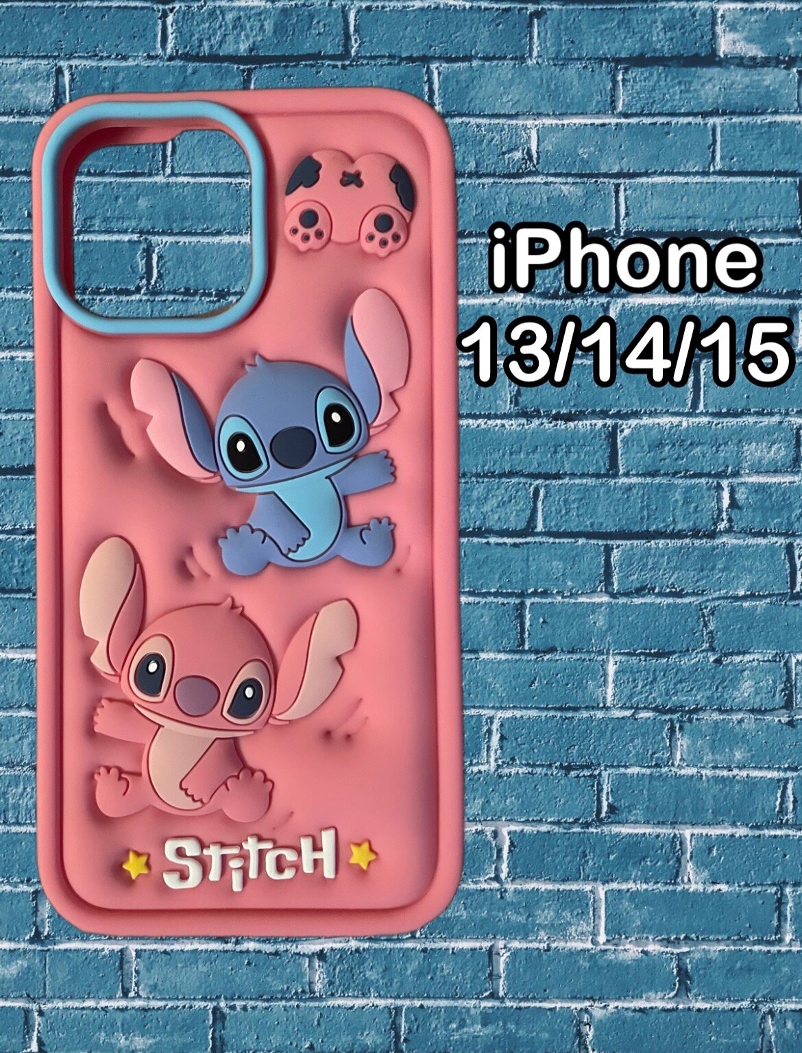 Чехол на Айфон 13 / 14 / 15 розовый силиконовый со стичами Stitch