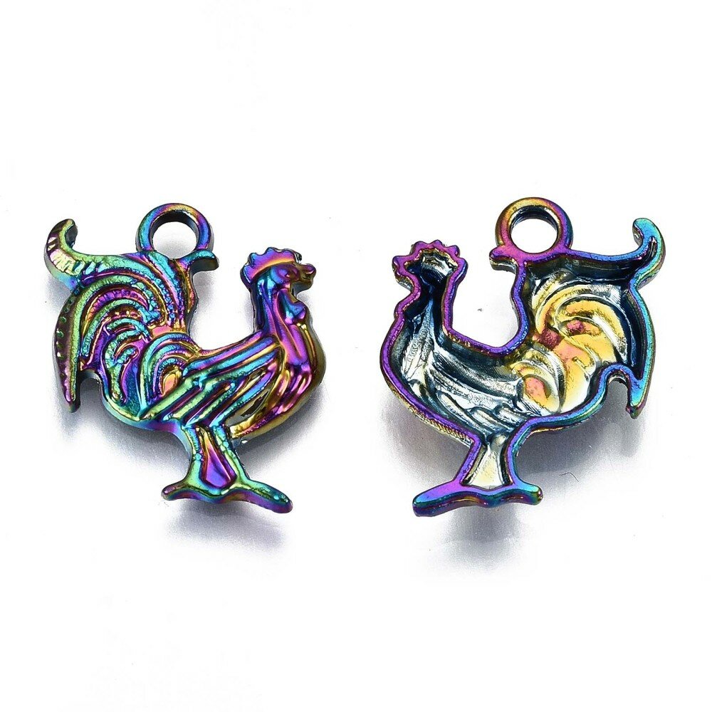 Подвеска, 22х17х3мм, петушок, базовый материал - цинковый сплав, с радужным покрытием, 2 шт.