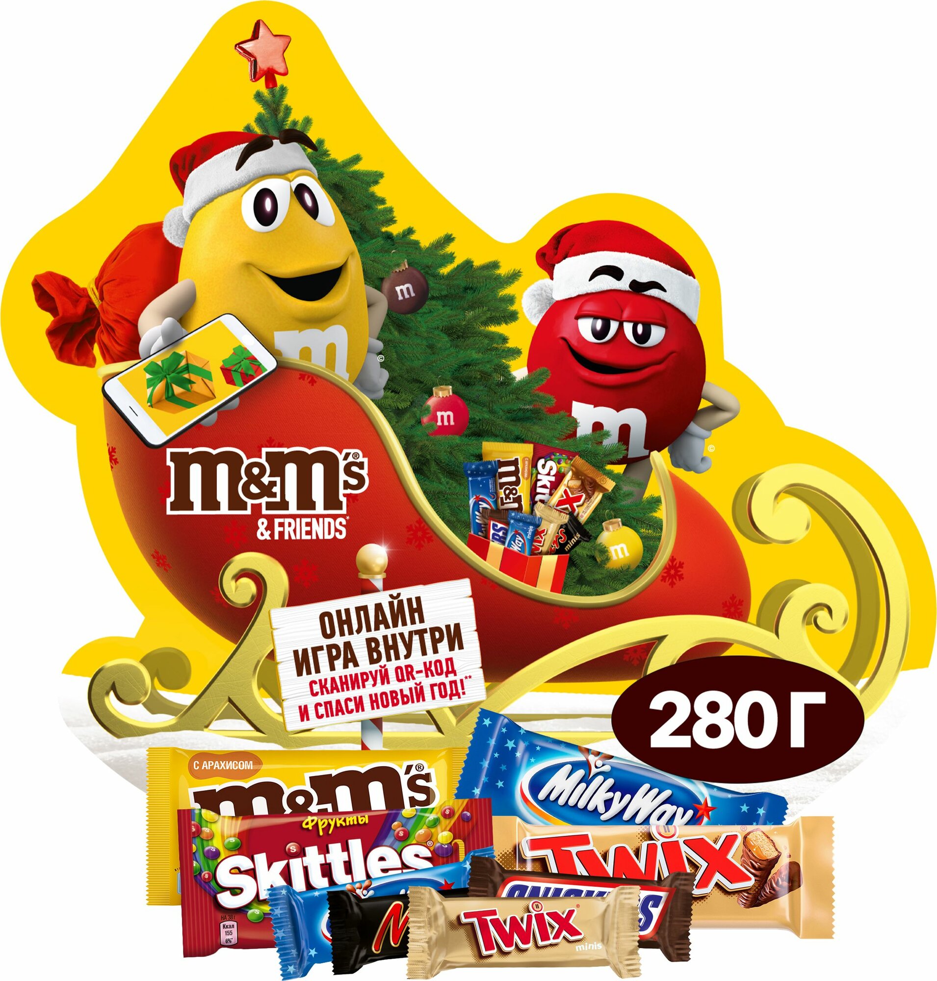 Новогодний набор сладостей M&M's & Friends Санки Деда Мороза, шоколадный подарочный набор с игрой внутри, 280 г