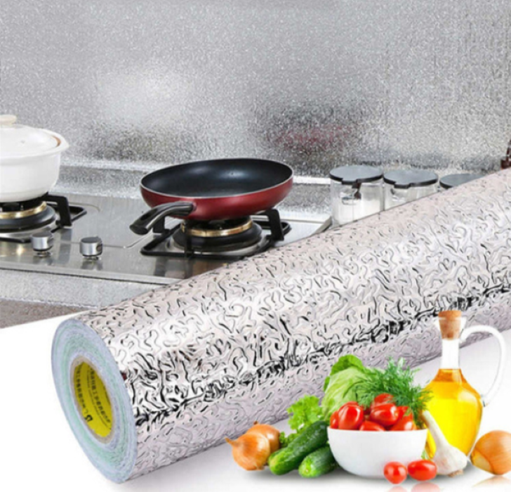 Кухонная наклейка маслостойкая. Кухонные обои водостойкие. серебристая самоклеющаяся пленка. моющаяся нано-пленка рулон 3 метра.