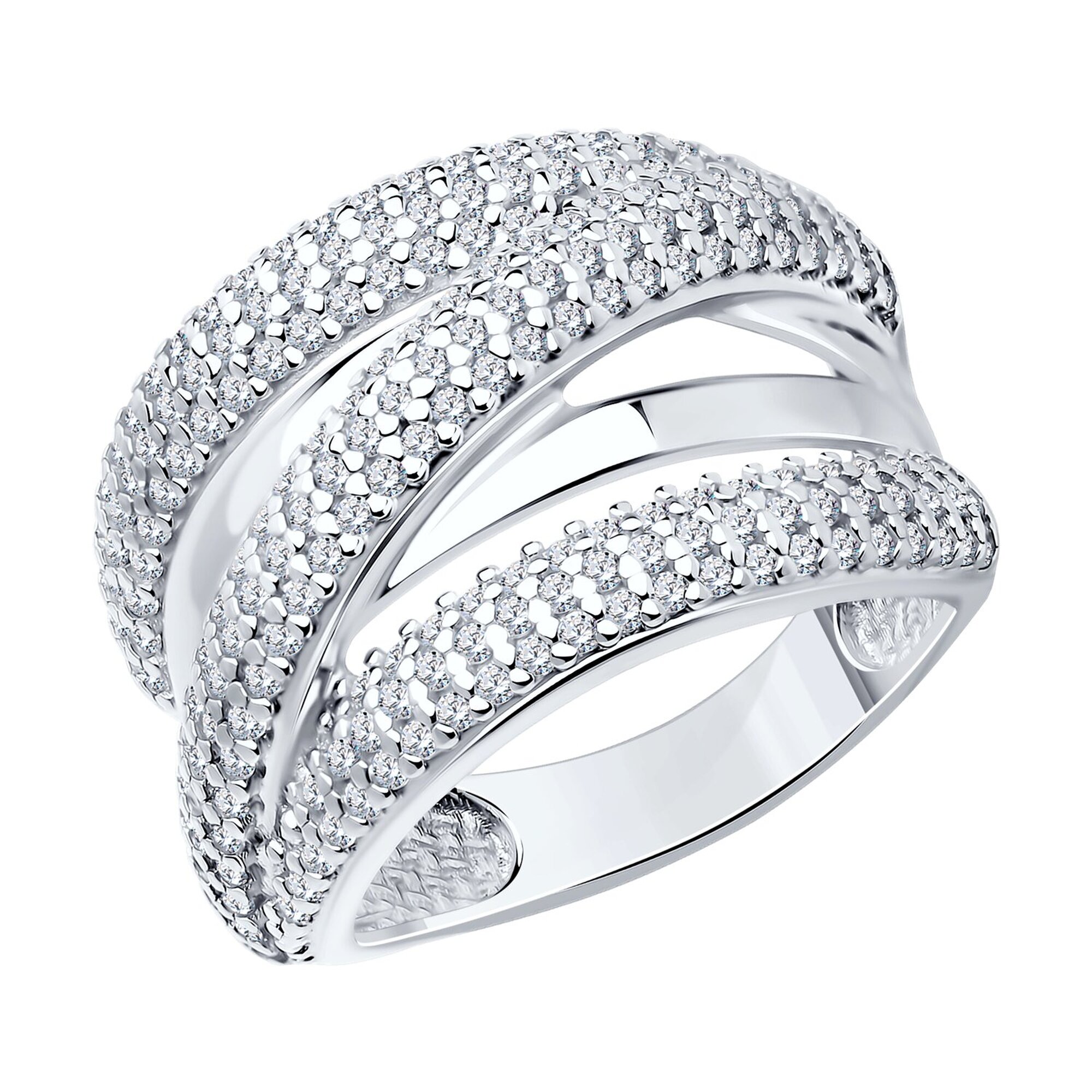 Кольцо широкое, дорожка Diamant online, серебро, 925 проба, родирование, фианит