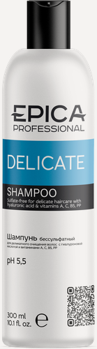 Изображение товара EPICA Professional Delicate — бессульфатный шампунь с гиалуроновой кислотой и витаминами A, C, PP, B5, 300 мл