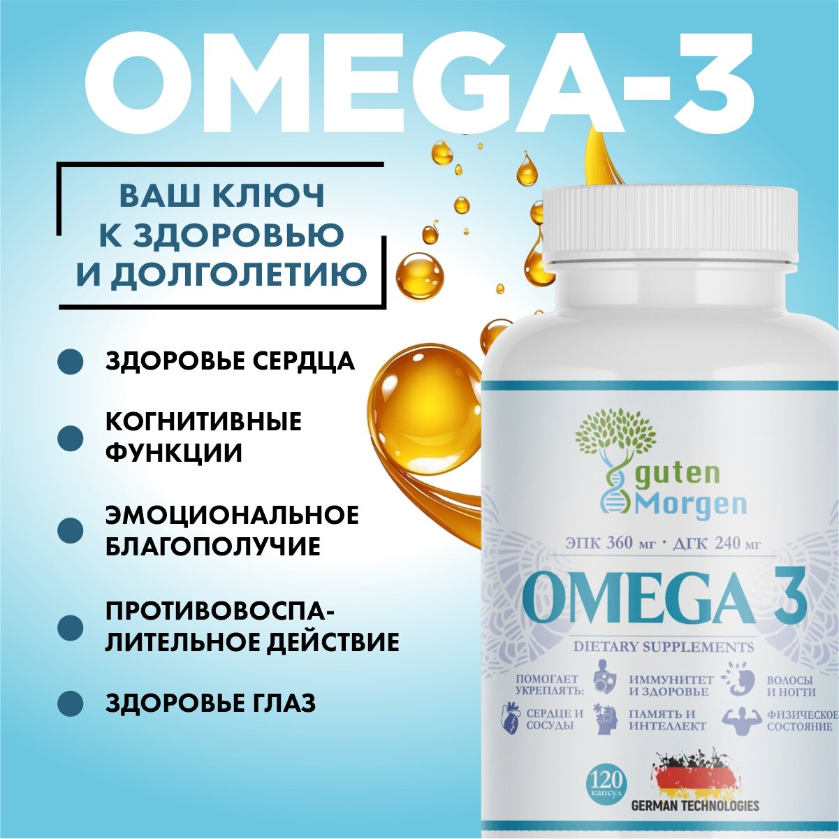 Изображение Омега 3 1000 мг Omega 3 1350 мг, рыбий жир, бад для иммунитета 120 капсул