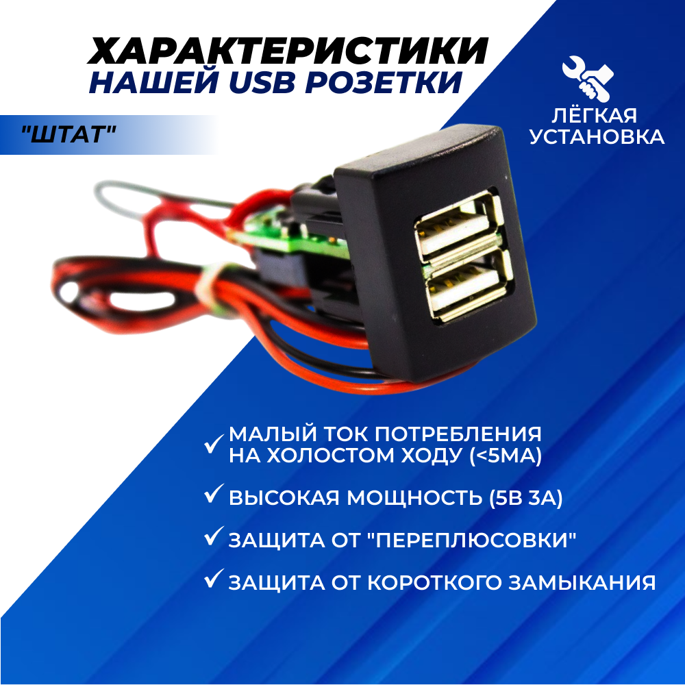 Usb розетка для авто на 2 гнезда 5v 3A зарядка в авто для моделей Lada Приора, Гранта, Калина 2 штат 1шт. — фото 1