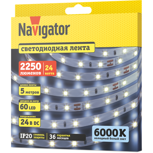 Светодиодная лента Navigator 95 295 NLS-2835CW60-4.8-IP20, 5м, 24Вт 6000К