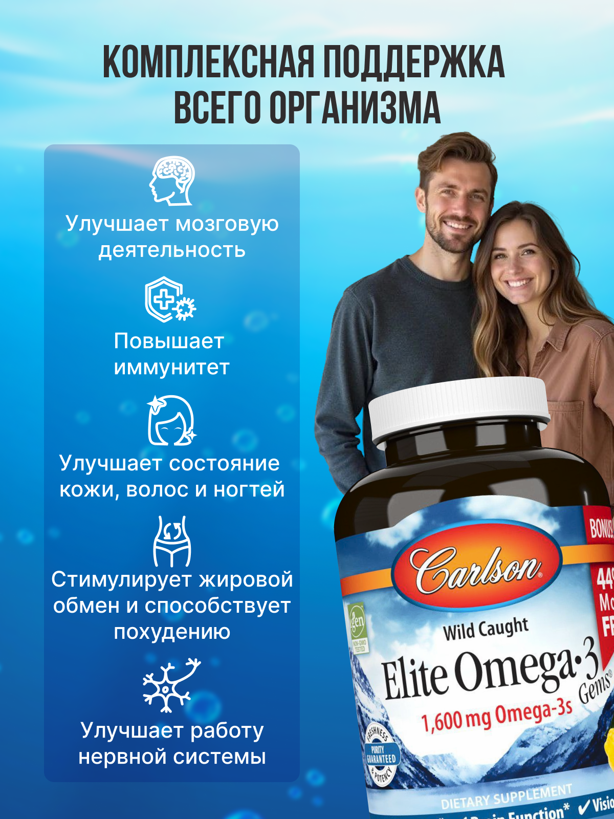 Изображение БАД Carlson Labs, омега 3, для иммунитета, 1600мг, 130 капс, США