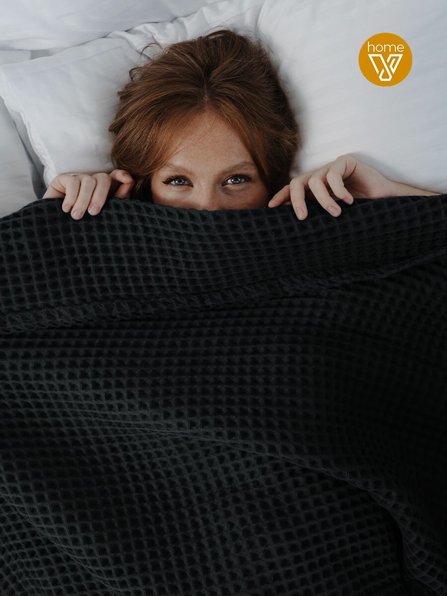 Плед хлопковый вафельный Бохо 160х200 см, универсальный, 100% хлопок, черный, Votex — фото 1