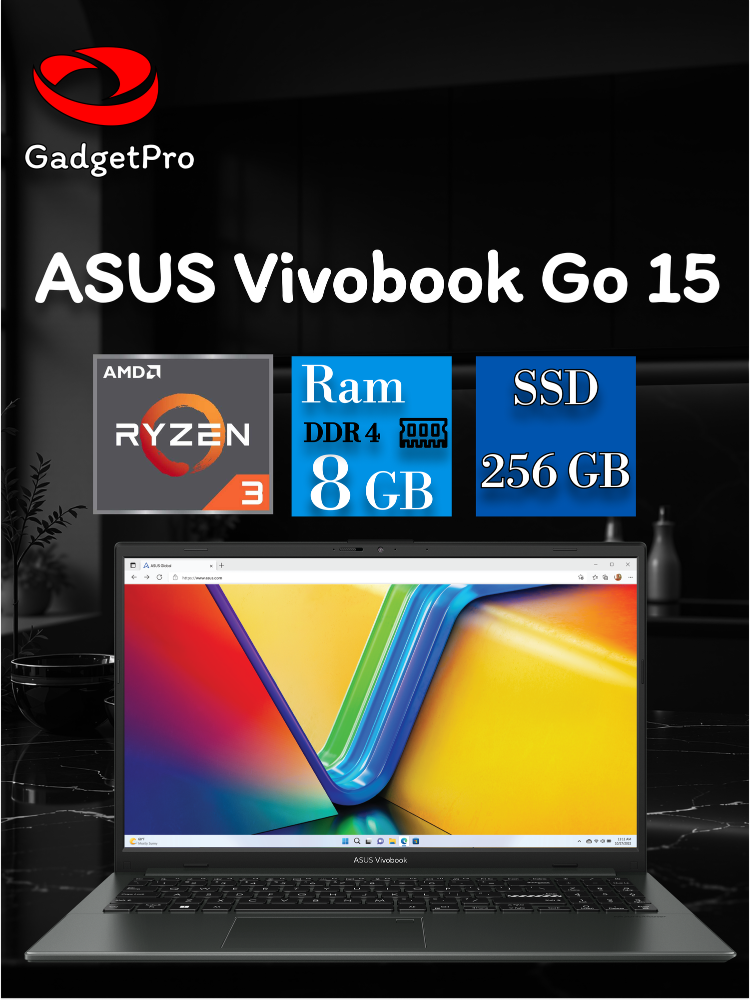 Ноутбук ASUS VivoBook Go 15 15.6" FHD IPS, AMD Ryzen 3 7320U, 8ГБ DDR5, SSD 256ГБ, AMD Radeon Graphics, без ОС, черный