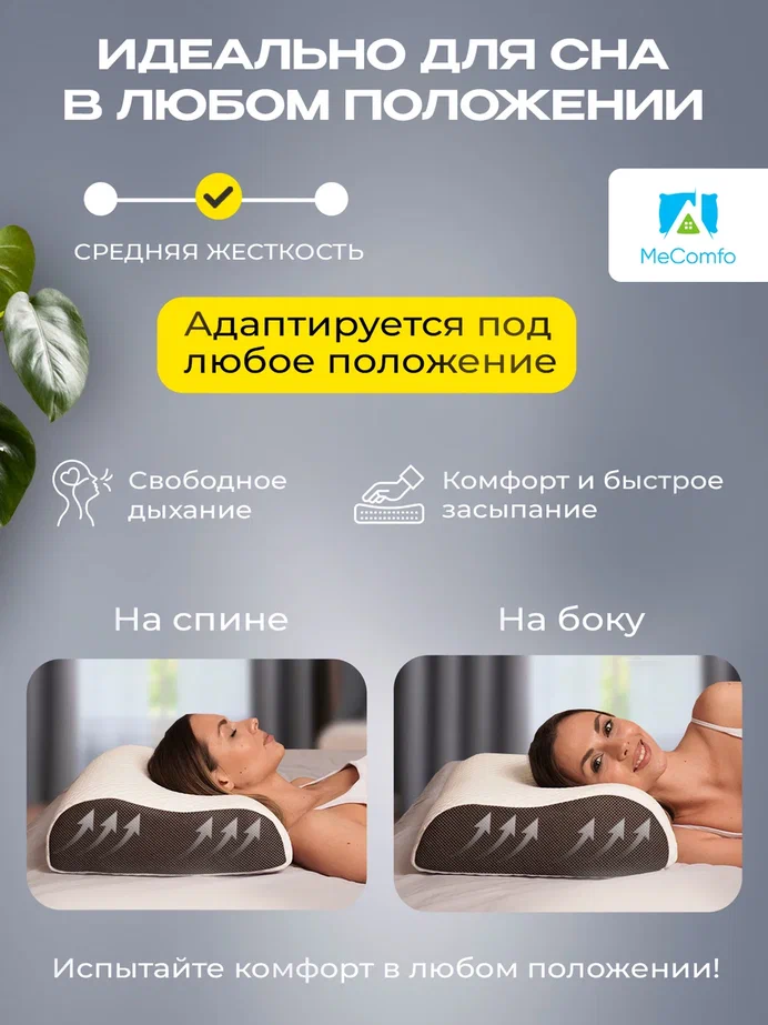 Изображение Подушка ортопедическая, Memory Foam, с эффектом памяти, средней жесткости, 54х40, валики 13 и 11 см