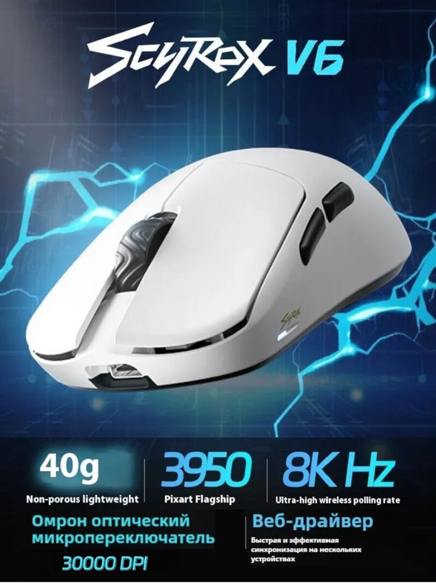Игровая беспроводная мышь V6 DPI 30000 Pixart 3950 40 г White