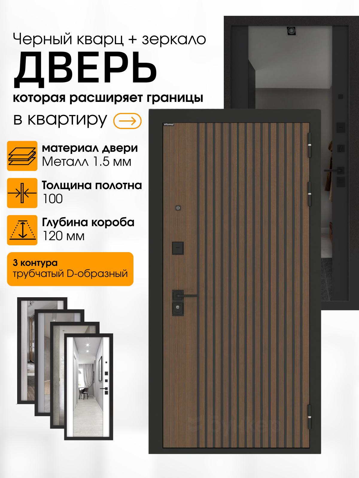 Входная дверь BN-02 с внутренней панелью зеркало максимум цвет черный кварц размер по коробке 960х2050 правая