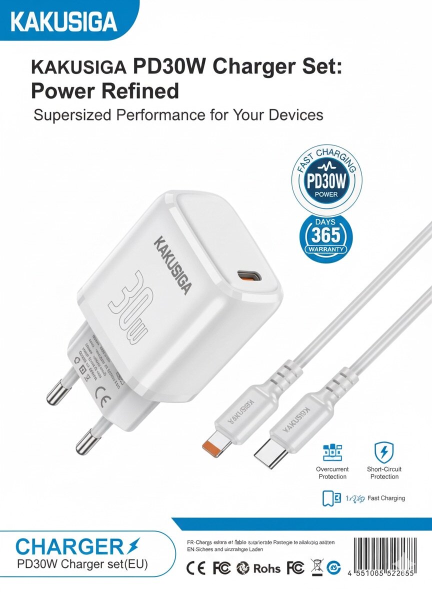 Комплект для быстрой зарядки Kakusiga PQ30W PD (с кабелем Type-C - Lightning, розетка EUROPE)