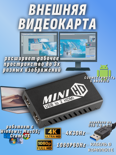 Изображение товара USB HDMI Внешняя видеокарта 1080p 60Hz на два монитора HDMI расширение рабочего стола DisplayLink