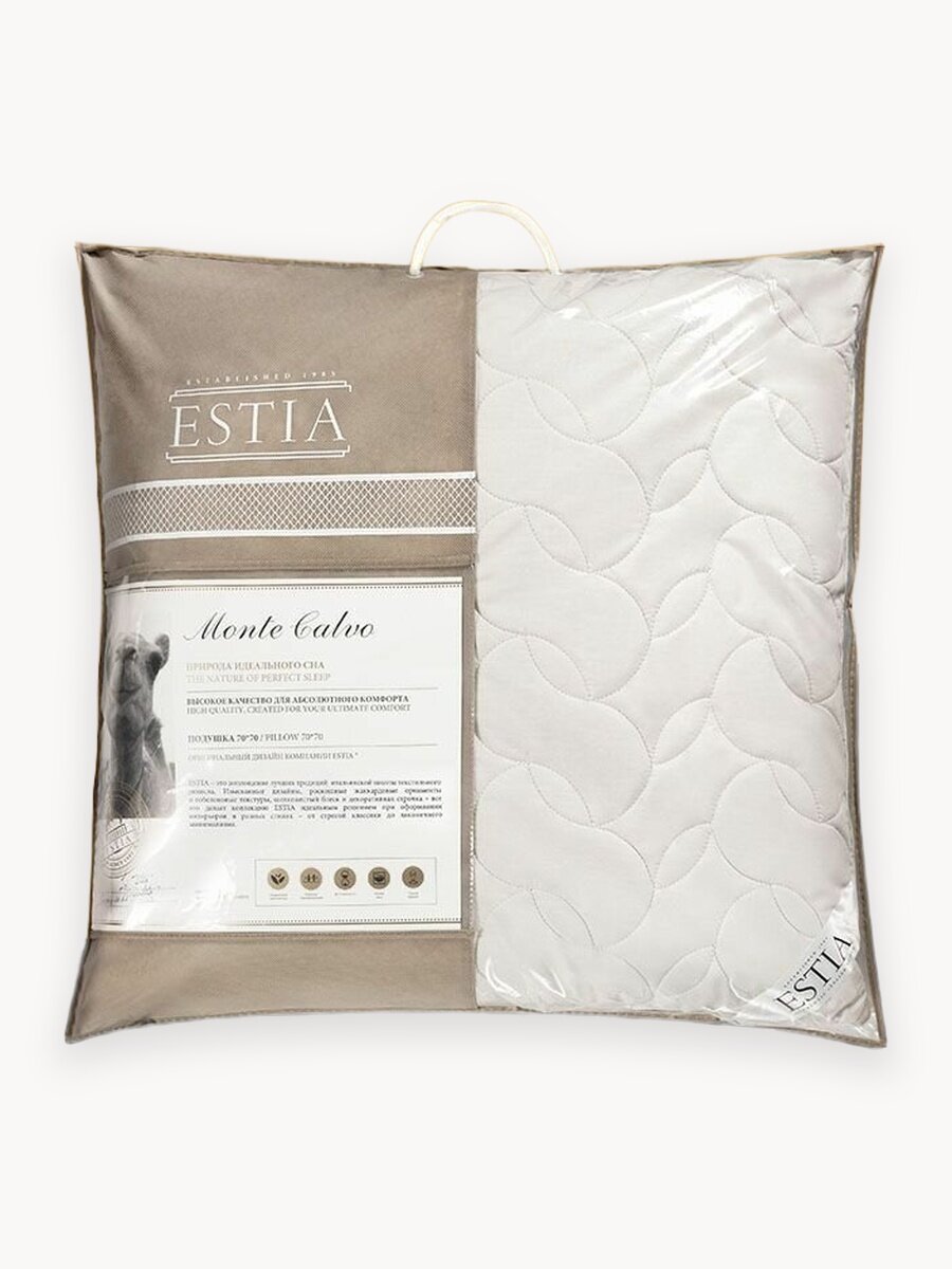 ESTIA Подушка для сна 70х70 "Монте Кальво" стеганая, верблюжья шерсть, пух-перо 1500 грамм