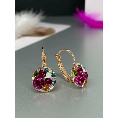 фото Серьги amante crystal, кристаллы swarovski, размер 24 мм, розовый, желтый, коричневый