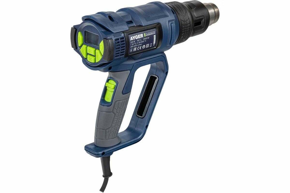 Строительный фен Ayger AHG2000, LCD дисплей, 2 режима, 650°C, 50 л/мин, 2000Вт
