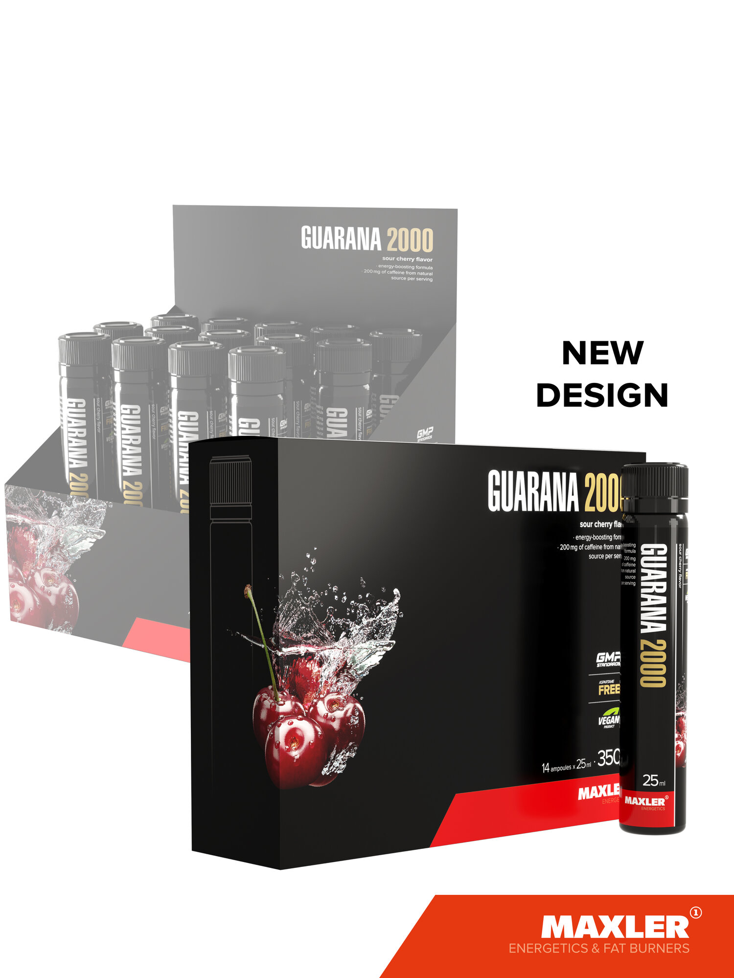 Энергетик гуарана с витамином С, В1, В6 и пантотеновой кислотой Maxler Guarana 2000, 14 ампул по 25 мл. - Вишня — фото 1