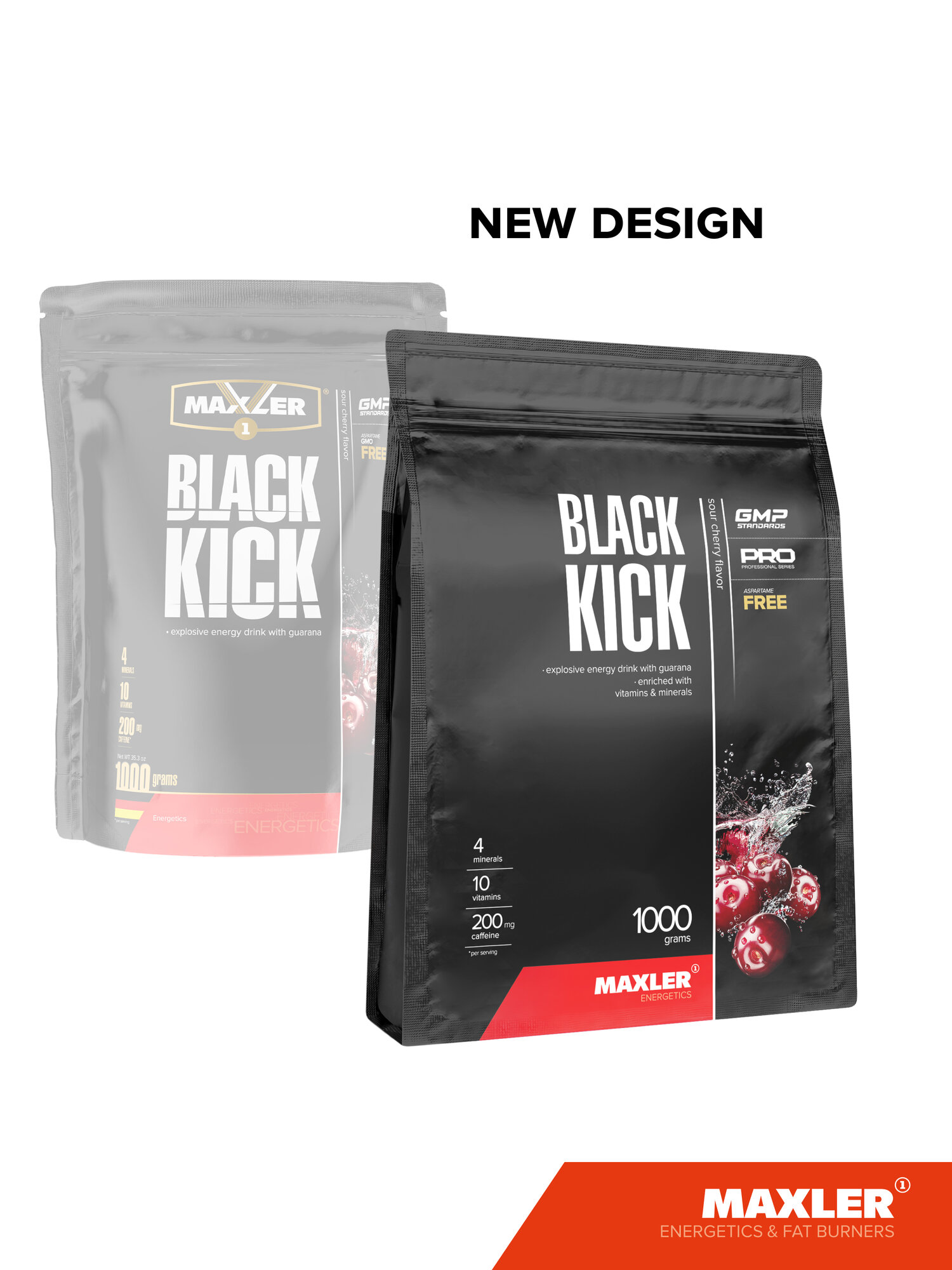 Энергетик с витаминами, гуараной и кофеином Maxler Black Kick, 1000 г - Вишня — фото 1