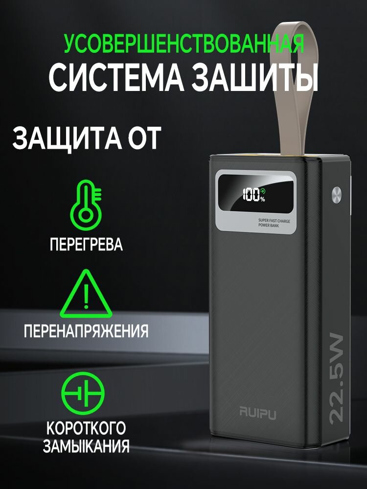 Внешний аккумулятор RUIPU, 50000 mAh, с фонариком, быстрая зарядка, черный — фото 1