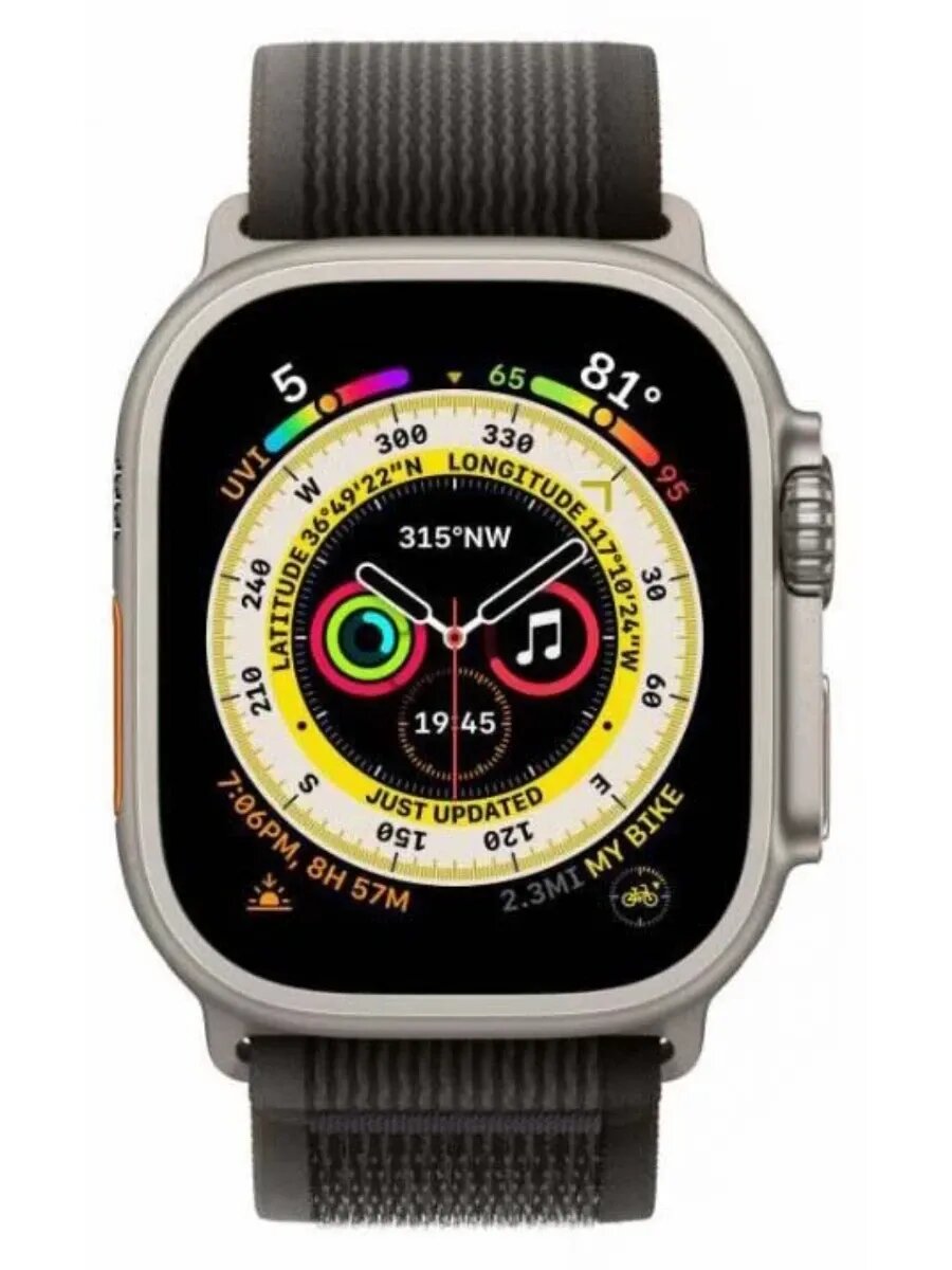 Часы Apple Watch Ultra GPS+Cellular, 49mm Titanium Case with Black/Gray Trial Loop, Титановый корпус, спортивный ремешок черно-серого цвета 49 мм M/L — фото 1