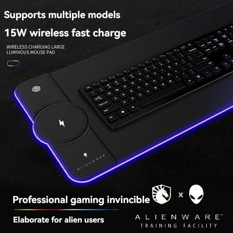 Коврик для игровой мыши, Alienware Беспроводная зарядка RGB Компьютерный настольный коврик 15 Вт Быстрая зарядка, черный — фото 1