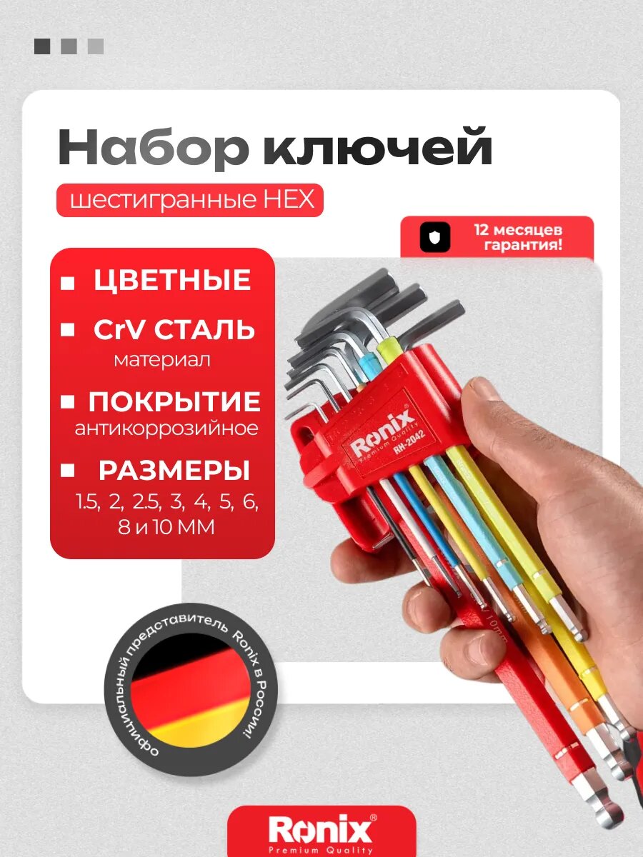 Шестигранники набор Ronix Hex ключи шаровые удлиненные, сталь Cr-V 9 шт