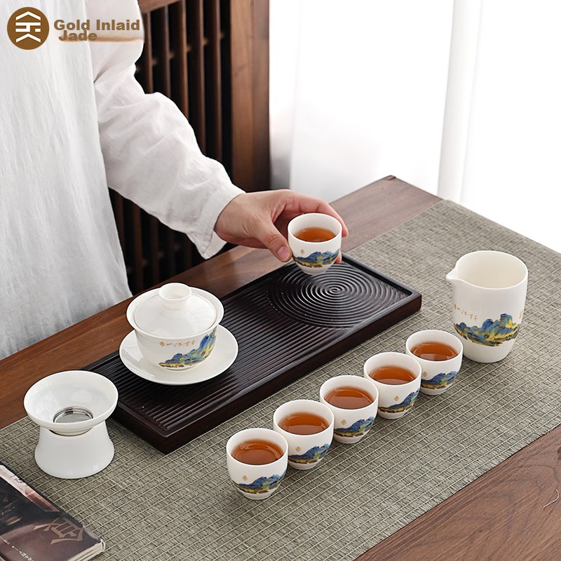 Gold-Inlaid Jade Kung Fu Tea Set Complete Set with Gaiwan And Teacups Simple Home Gift Box Ceramic Mutton-Fat Jade White Porcelain Qianli Jiangshan