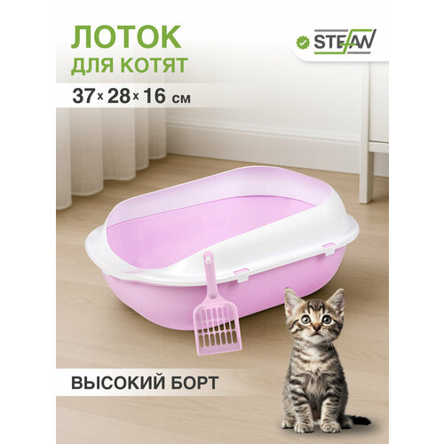 Туалет лоток для котят и кошек с высокими бортиками и совком STEFAN, малый (S) 37х28х16, лиловый, BP2494