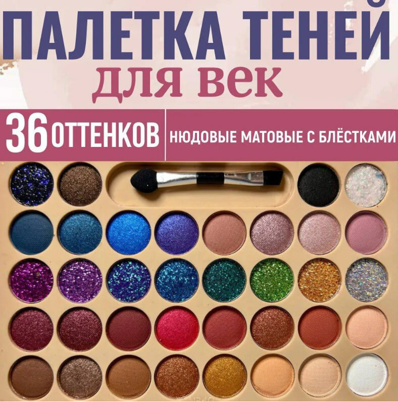 Палетка теней для век Sparcli, стойкие, 36 оттенков /нюдовые, матовые, с блестками/