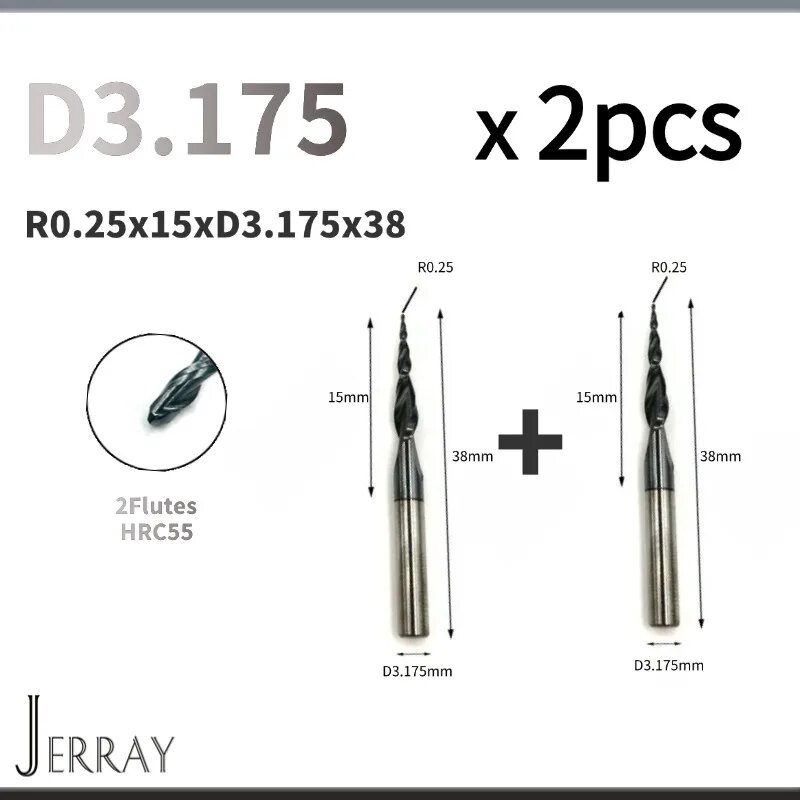 Фреза JERRAY, коническая сферическая концевая фреза, радиус R0,25-R2,0 мм, фреза с ЧПУ для дерева, гравер с ЧПУ, резьба по дереву, R0.25XD3.175X38-2PCS, HRC55