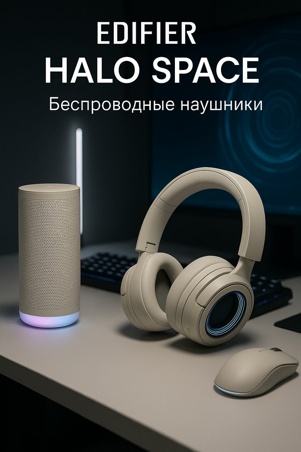 Беспроводные Игровые наушники Edifier Halo Space с активным шумоподавлением -45 дБ, пространственным 3D-звуком, Hi-Res кодеками, 50 ч автономности и RGB-подсветкой, альтернатива Sony WH-1000XM5 и Sennheiser Momentum 4