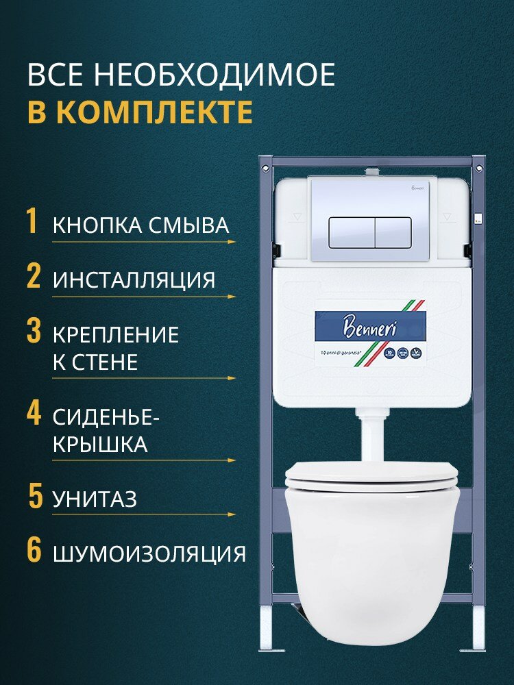 Инсталляция с унитазом комплект с белой кнопкой смыва и сиденьем микролифт Benneri B4.53.015A. AQ1111 — фото 1